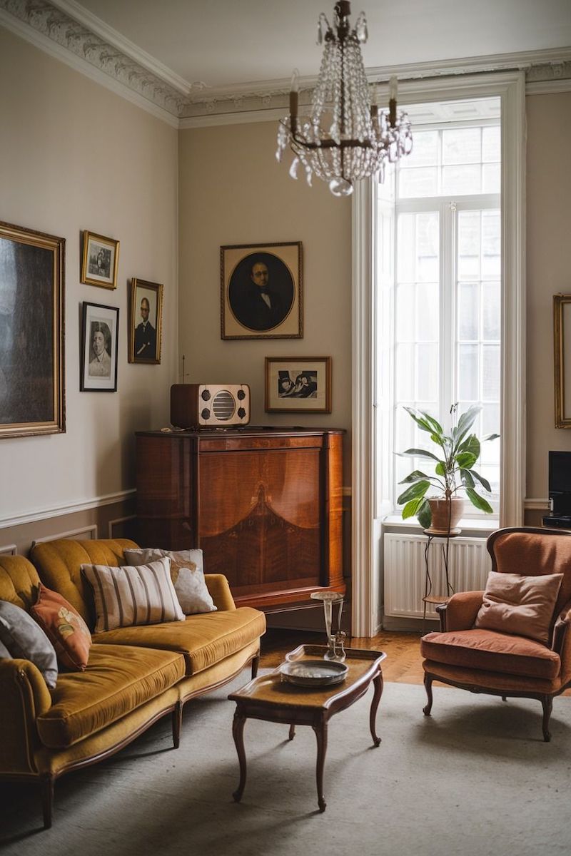 Thiết kế nội thất phòng khách Vintage cổ điển kết hợp đèn chùm pha lê tạo ánh sáng vàng dịu, hoài niệm