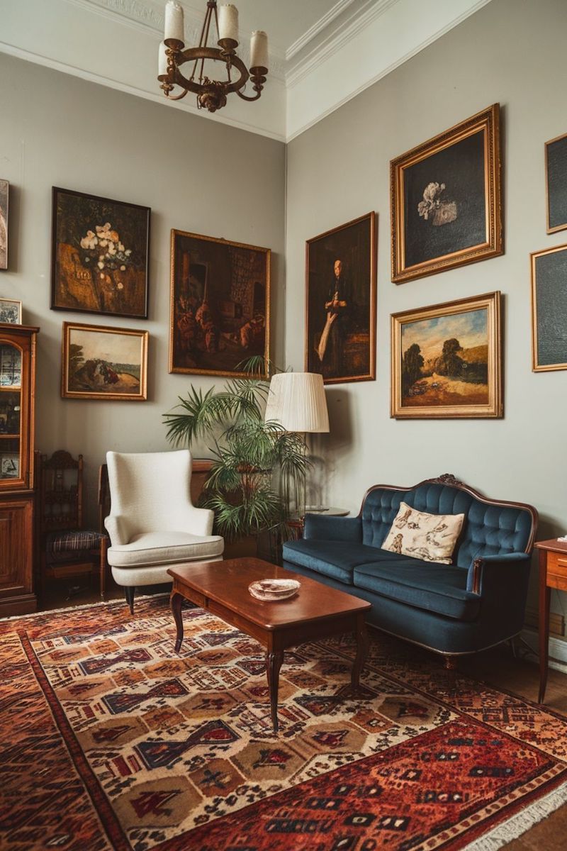 Thiết kế nội thất phòng khách Vintage cổ điển trang trí tranh phong cảnh cổ điển hoặc tranh đen trắng để gợi nhớ ký ức xưa cũ