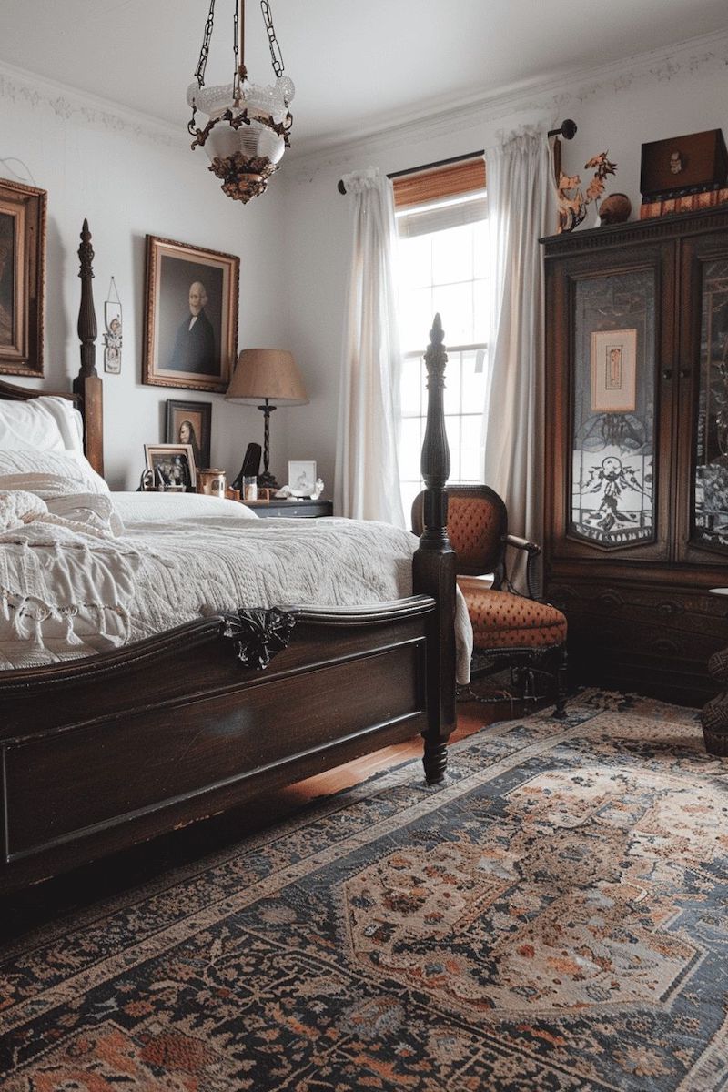 Thiết kế nội thất phòng ngủ Vintage cổ điển bố trí tủ quần áo và tủ trưng bày bằng gỗ tự nhiên, vừa tiện dụng vừa hoài cổ