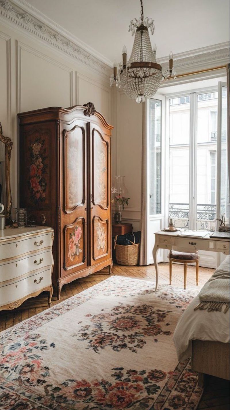 Thiết kế nội thất phòng ngủ Vintage cổ điển kết hợp ánh sáng tự nhiên từ cửa sổ với ánh sáng nhân tạo để cân bằng sáng tối trong phòng