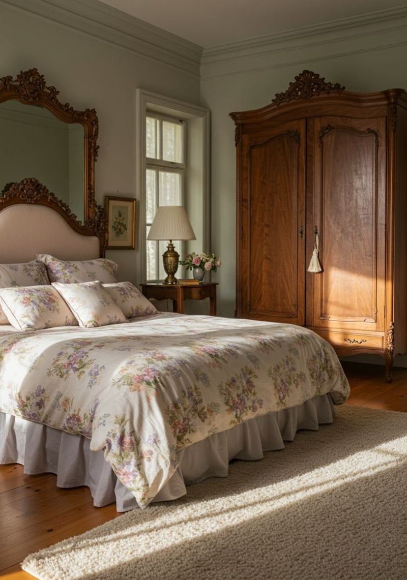 Thiết kế nội thất phòng ngủ Vintage cổ điển sử dụng chất liệu vải linen, cotton hoa nhí hoặc ren để mang lại sự mềm mại và thoải mái