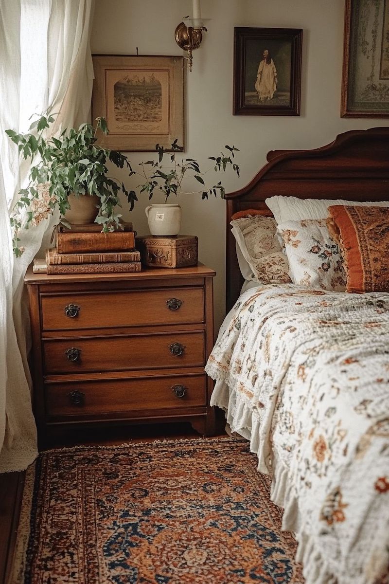 Thiết kế nội thất phòng ngủ Vintage cổ điển trang trí tranh phong cảnh cổ điển hoặc tranh đen trắng tạo điểm nhấn nghệ thuật