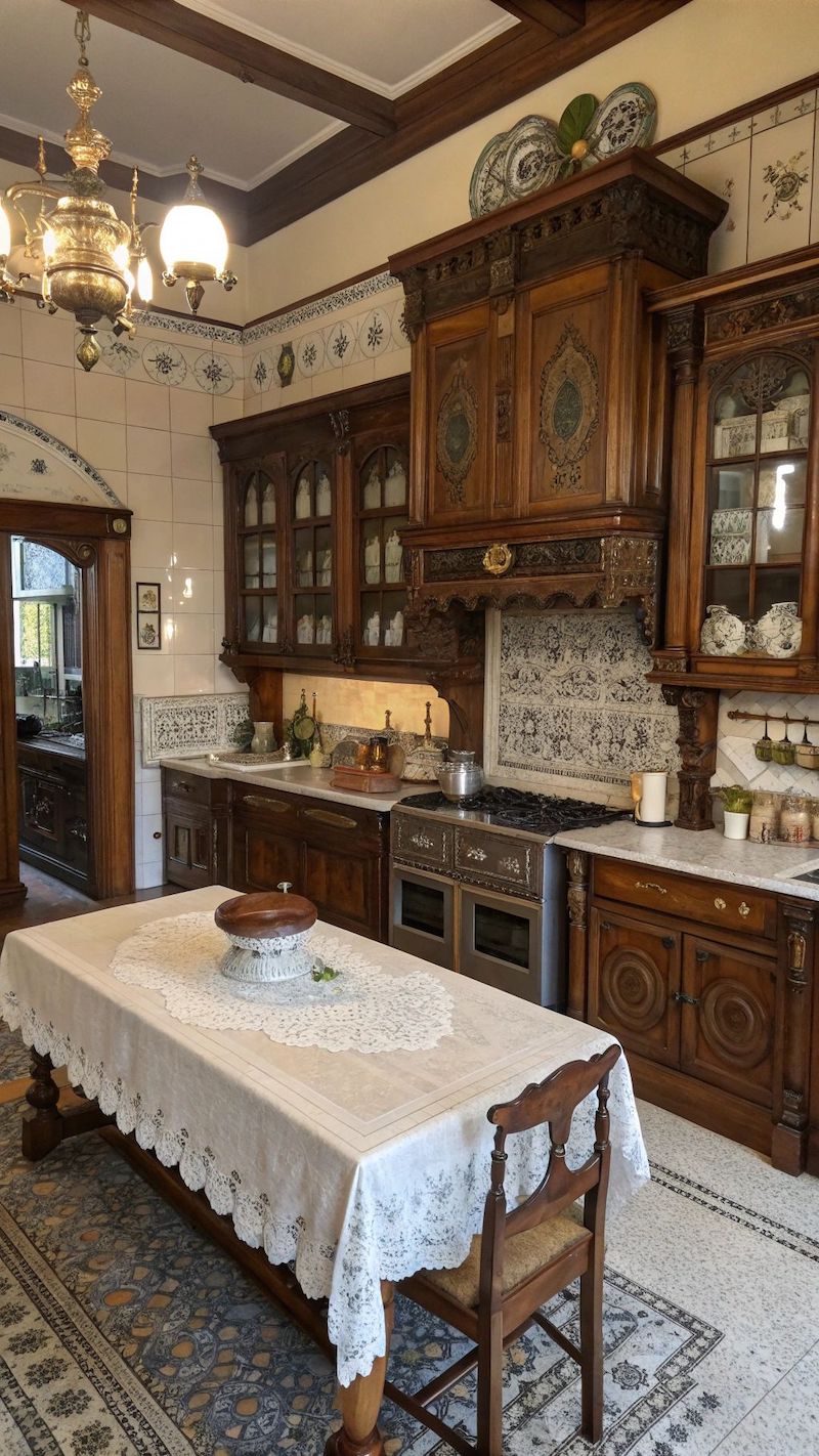 Thiết kế nội thất phòng ăn và bếp Vintage cổ điển sử dụng đèn thả cổ điển hoặc đèn chùm nhỏ để tạo ánh sáng vàng dịu, lãng mạn