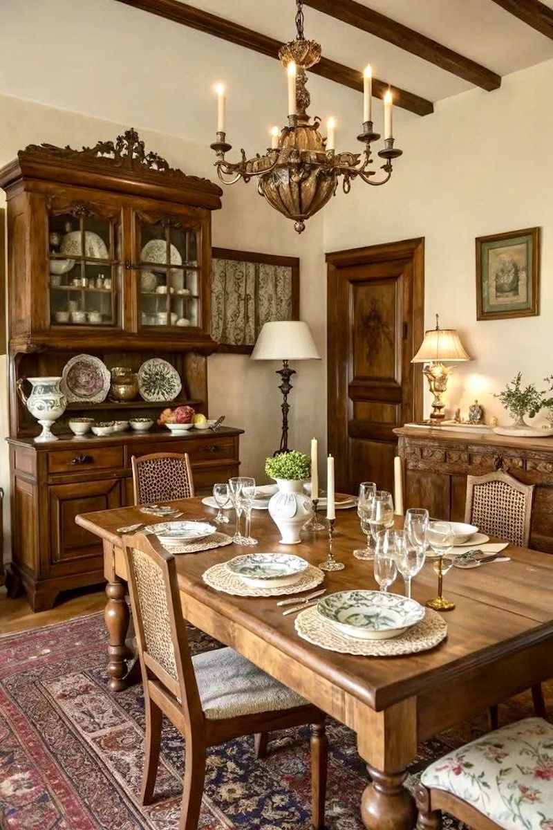 Thiết kế nội thất phòng ăn và bếp Vintage cổ điển kết hợp kệ mở để trưng bày chén dĩa gốm sứ mang cảm giác hoài niệm