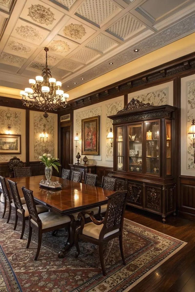 Thiết kế nội thất phòng ăn và bếp Vintage cổ điển sử dụng đồ trang trí nhỏ như lọ hoa, bình gốm hay sách cũ để tạo điểm nhấn tinh tế