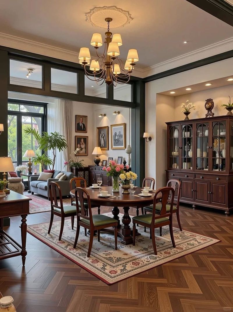 Thiết kế nội thất phòng ăn và bếp Vintage cổ điển bố trí không gian mở giữa bếp và phòng ăn giúp sinh hoạt thuận tiện và thoáng đãng