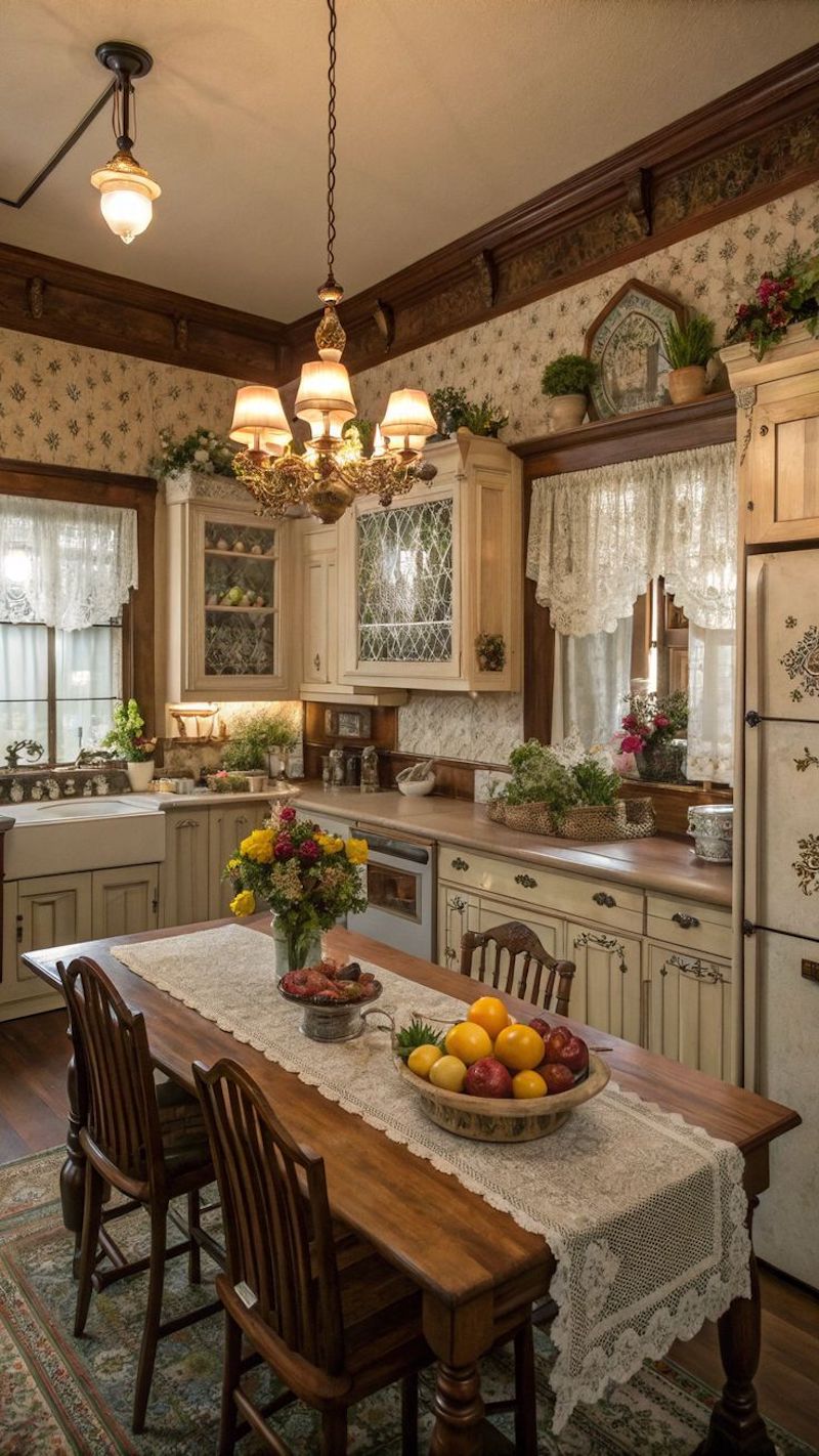 Thiết kế nội thất phòng ăn và bếp Vintage cổ điển thêm thảm hoa văn nhẹ nhàng dưới bàn ăn để tăng sự ấm áp và thoải mái