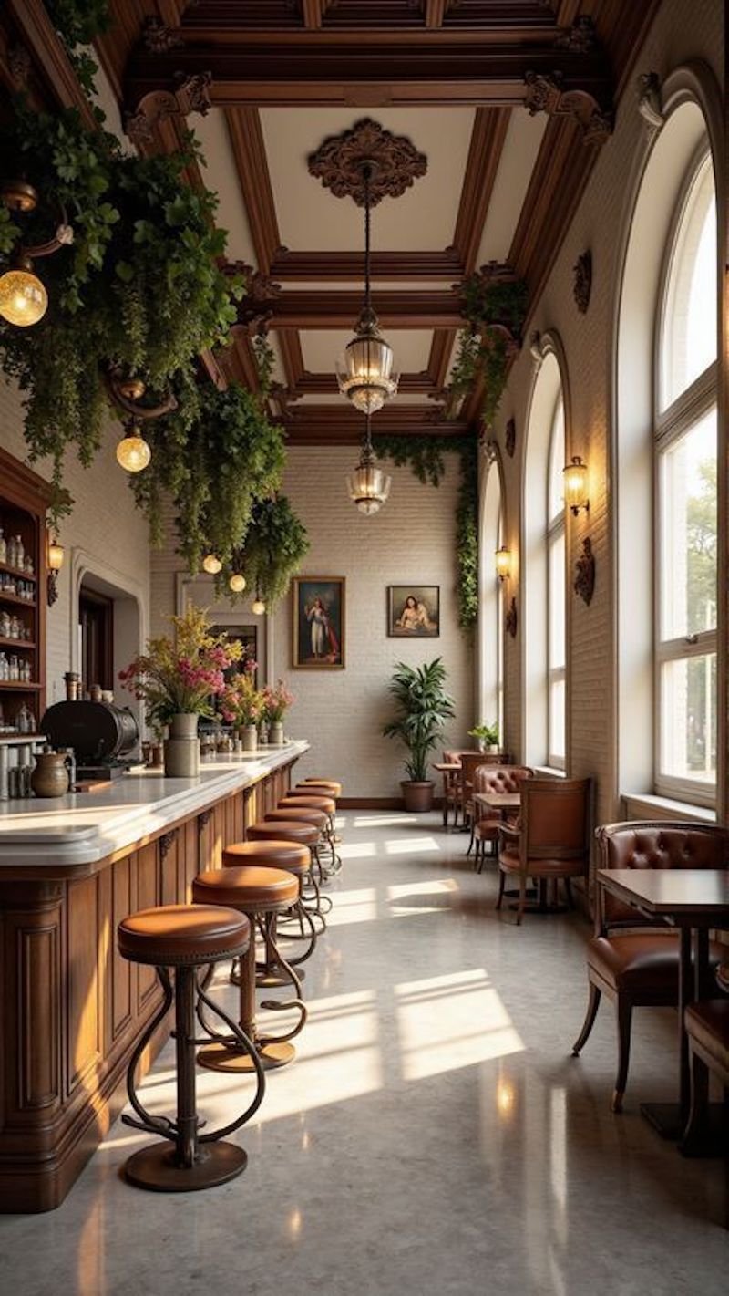 Thiết kế nội thất quán cà phê Vintage cổ điển trang trí tranh phong cảnh cổ điển, tranh đen trắng hoặc áp phích vintage để tăng chiều sâu