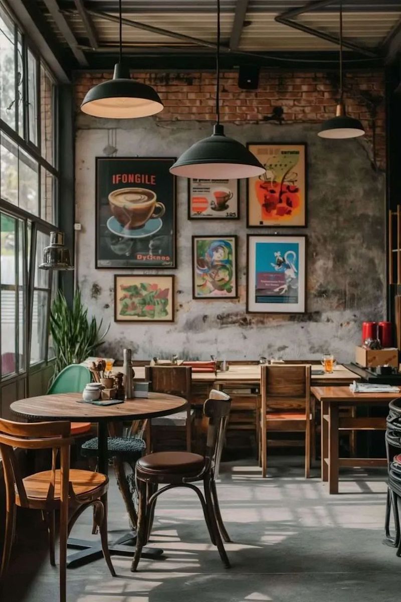 Thiết kế nội thất nhà hàng Vintage cổ điển sử dụng cửa kính lớn kết hợp khung gỗ để lấy sáng tự nhiên và mở rộng tầm nhìn