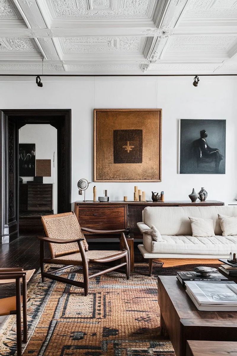 Thiết kế nội thất phòng khách Vintage cổ điển kết hợp bàn trà gỗ chạm khắc tinh xảo để tăng chiều sâu và sự sang trọng