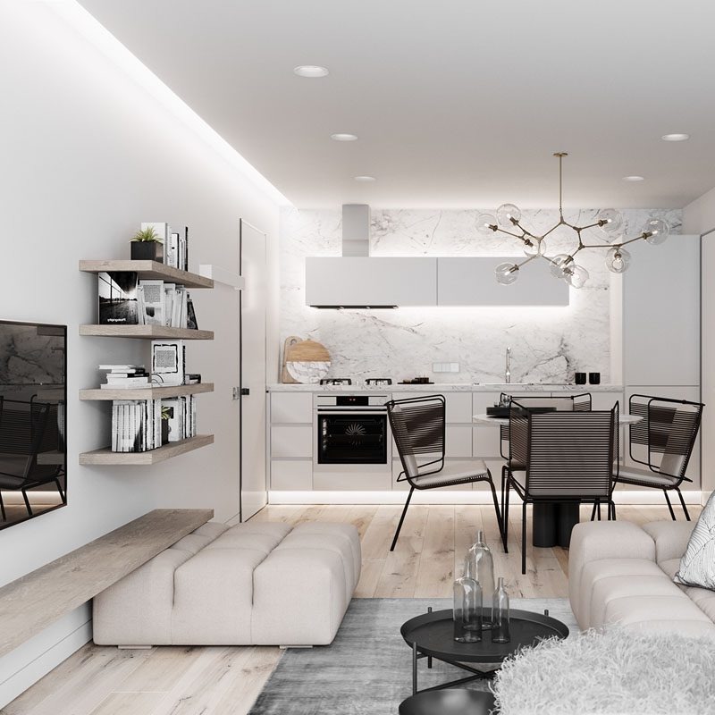 Trang trí nội thất hiện đại nhà ở, biệt thự tận dụng ánh sáng tự nhiên từ cửa kính lớn hoặc giếng trời, tạo sự thông thoáng và thoải mái 