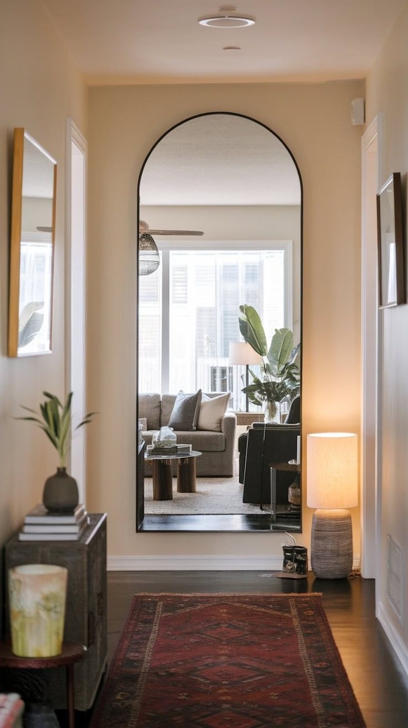 Gương trang trí đơn giản trong nội thất hiện đại tạo cảm giác không gian rộng hơn, tăng ánh sáng phản chiếu và làm điểm nhấn tinh tế, gọn gàng cho căn phòng 