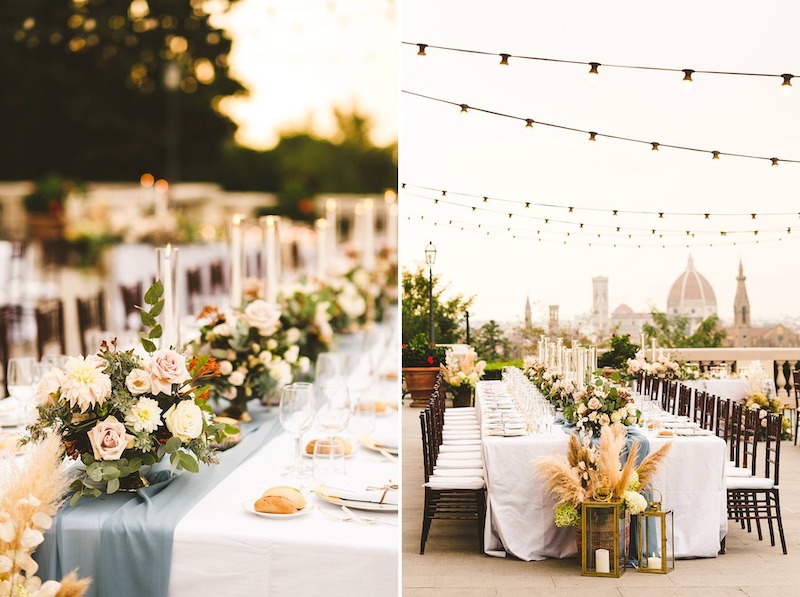 Tiệc cưới sang trọng kết hợp hoa tươi quý hiếm và đèn trang trí tinh xảo để tạo không gian lộng lẫy