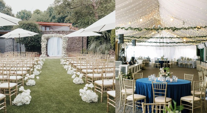 Thiết kế nhà hàng tiệc cưới ngoài trời phong cách Garden/Nature-inspired tạo nên không gian xanh mát với cây cối bao quanh và ánh sáng tự nhiên chan hòa 