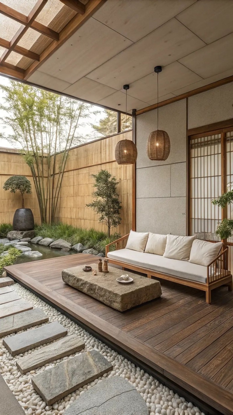 Nên bố trí cây xanh hài hòa với ánh sáng tự nhiên và không gian tổng thể, tránh đặt quá nhiều cây gây rối mắt, giữ tinh thần tối giản đặc trưng của phong cách Nhật