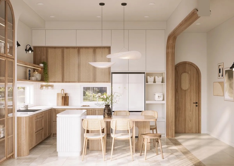 Phòng bếp phong cách Wabi Sabi sử dụng vật liệu tự nhiên như gỗ, đá và gốm mộc mạc, tạo cảm giác ấm áp, giản dị và gần gũi