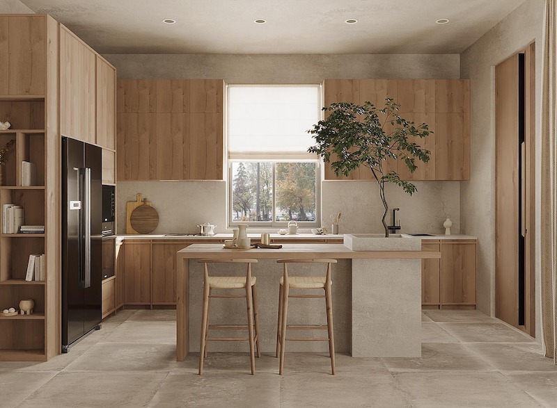 Bố trí nội thất gọn gàng, màu sắc trung tính và các chi tiết không hoàn hảo giúp phòng bếp vừa thư giãn vừa giàu tính thẩm mỹ tự nhiên 