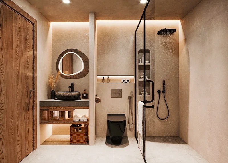 Phòng tắm Wabi Sabi sử dụng đá, gỗ và gốm mộc mạc, mang đến không gian giản dị, bình yên và gần gũi với thiên nhiên 