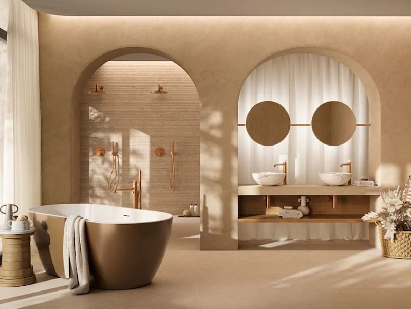 Các chi tiết không hoàn hảo như bề mặt sần hay vết nứt trên gạch giúp phòng tắm thêm chiều sâu, tạo cảm giác thư giãn và tinh tế 