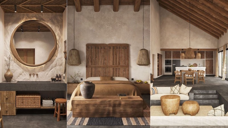 Nhà ở Wabi Sabi tạo cảm giác ấm cúng nhờ vật liệu thô mộc, kết cấu gỗ và đá tự nhiên, mang hơi thở gần gũi đời sống hàng ngày