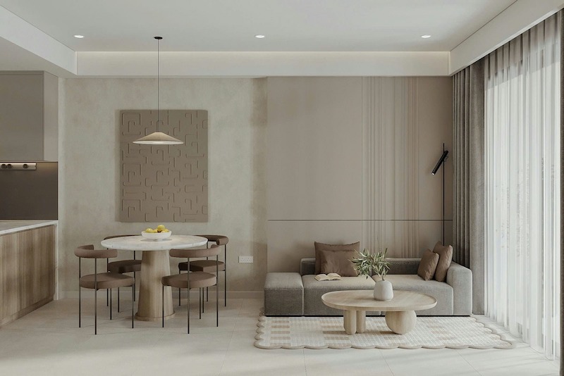 Nhà bếp và phòng ăn theo Wabi Sabi ưu tiên tiện nghi đơn giản, kết hợp vật liệu mộc mạc, giúp bữa ăn trở nên ấm áp, thân mật 