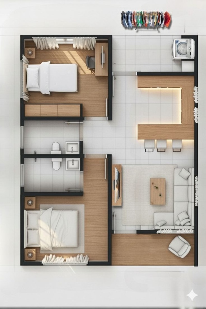 Thiết kế căn hộ 70m2 theo phong cách tối giản hướng tới không gian gọn gàng, nhẹ nhàng, ưu tiên công năng và cảm giác thoáng đãng khi sinh hoạt lâu dài 