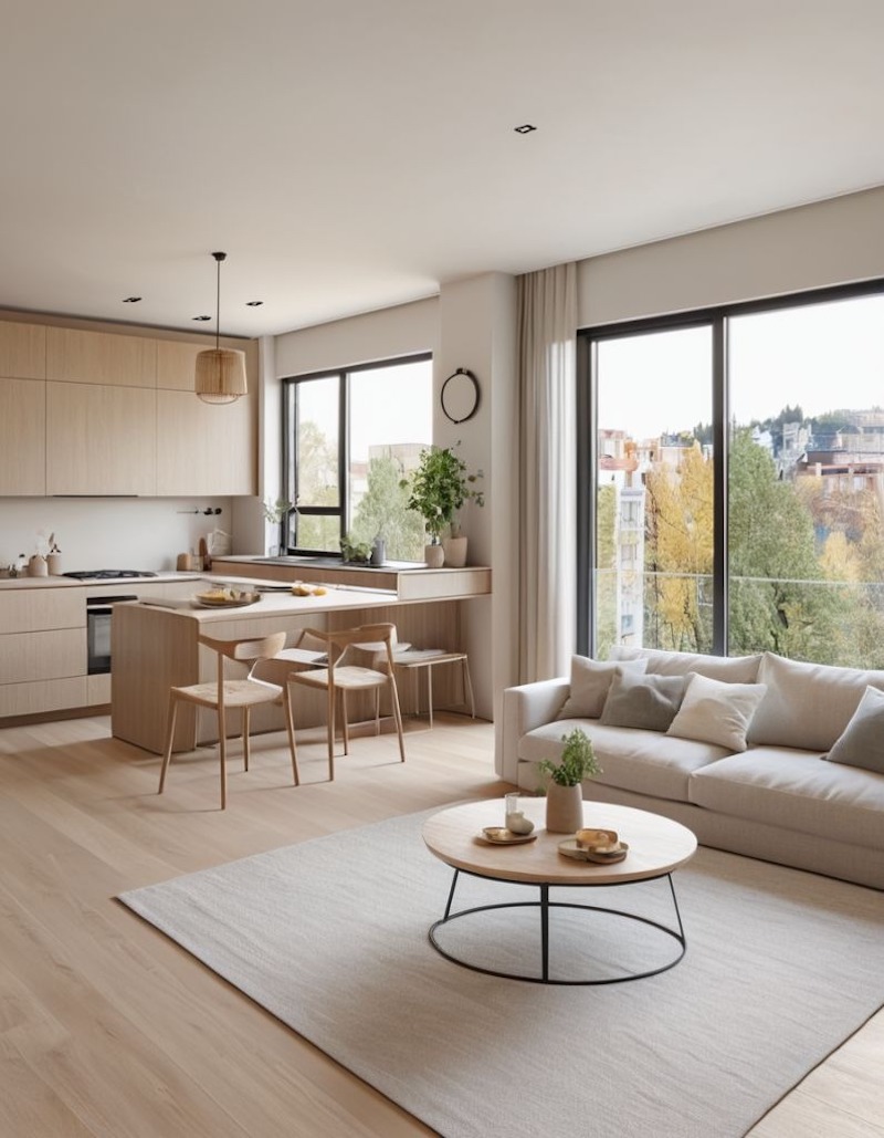 Phòng khách phong cách tối giản sử dụng bố cục đơn giản, hạn chế chi tiết trang trí để giữ không gian sạch, thoáng và dễ chịu