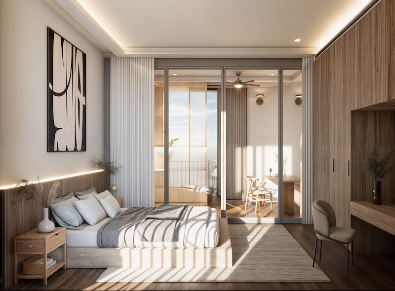 Phòng ngủ phong cách tối giản trong căn hộ 70m2 đề cao sự yên tĩnh, thư giãn và bố cục gọn gàng