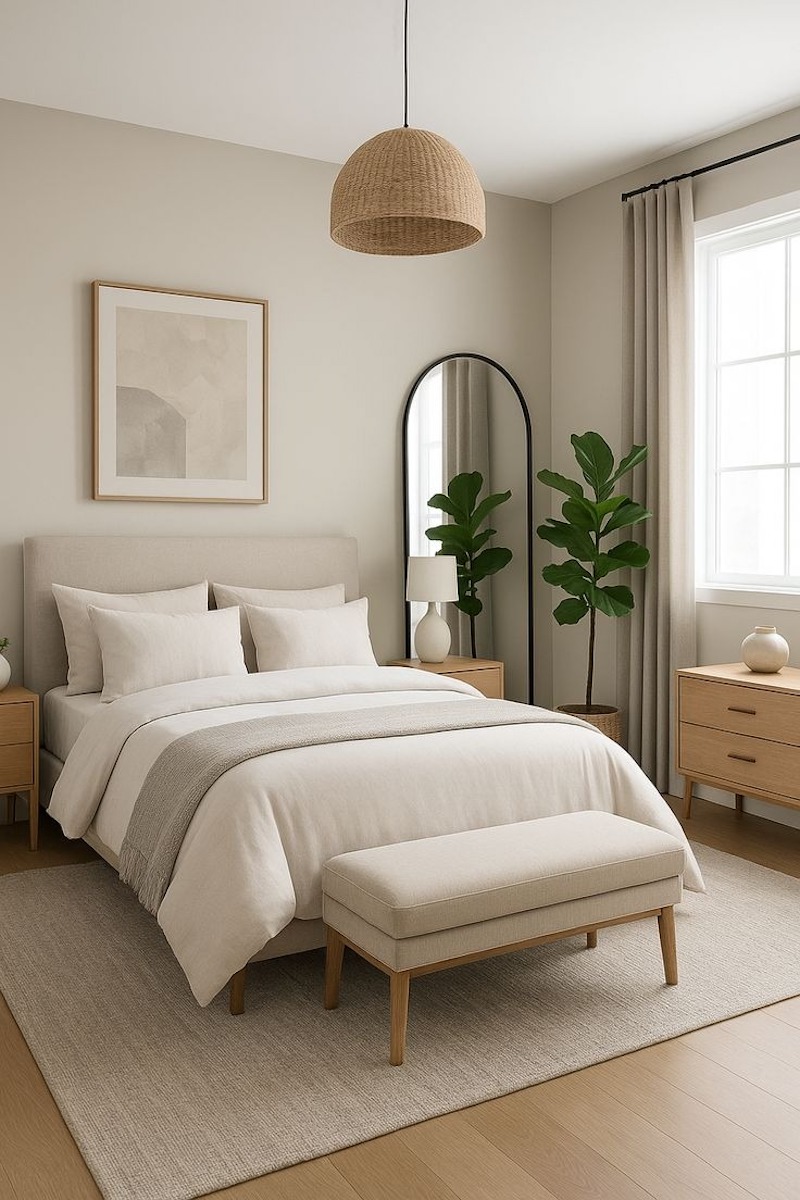 Màu sắc nhẹ và ánh sáng dịu giúp phòng ngủ tối giản mang lại cảm giác nghỉ ngơi dễ chịu, bền vững theo thời gian