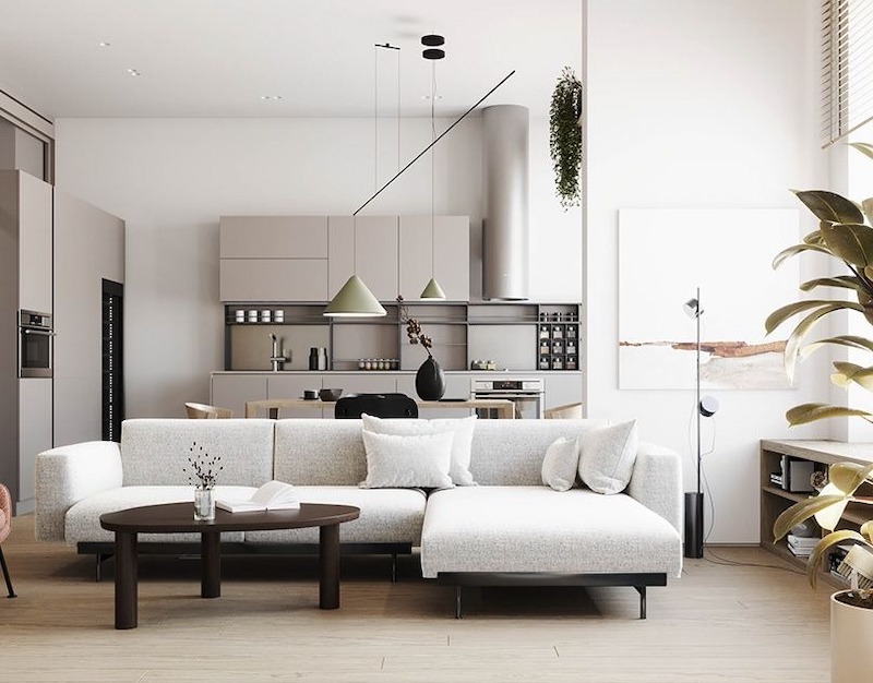 Khu vực bếp liền phòng khách được thiết kế gọn gàng, đề cao sự tiện dụng và tính kết nối giữa các khu vực sinh hoạt