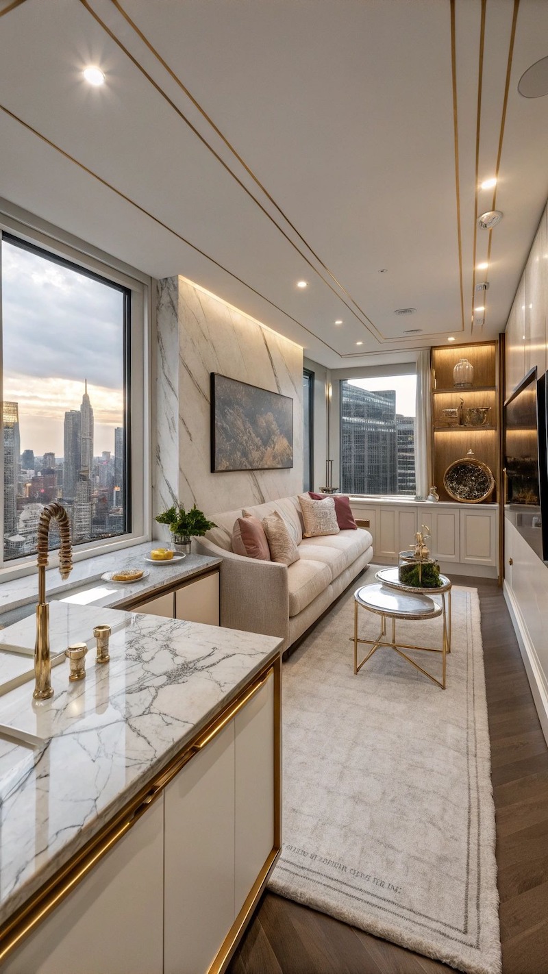 Không gian bếp được thiết kế đồng bộ với phòng khách, sử dụng màu sắc trầm ấm và chi tiết kim loại để tăng chiều sâu