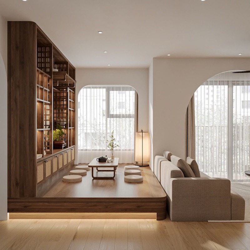 Phòng khách Japandi sử dụng đường nét gọn gàng, hình khối đơn giản, hạn chế chi tiết trang trí để giữ không gian nhẹ và thoáng