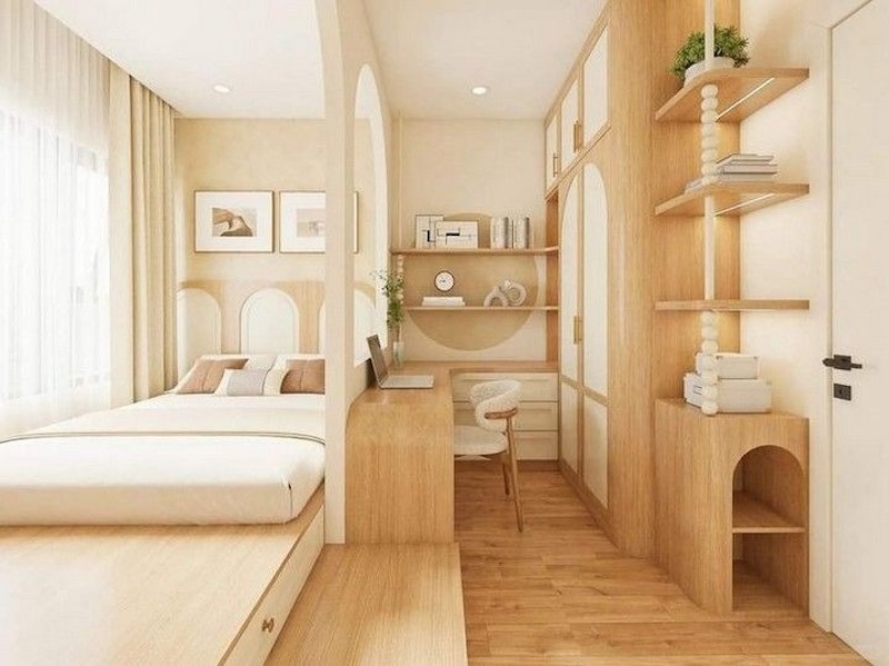 Giường thấp, nội thất gỗ sáng màu và vải tự nhiên giúp phòng ngủ trở nên nhẹ nhàng, dễ chịu 