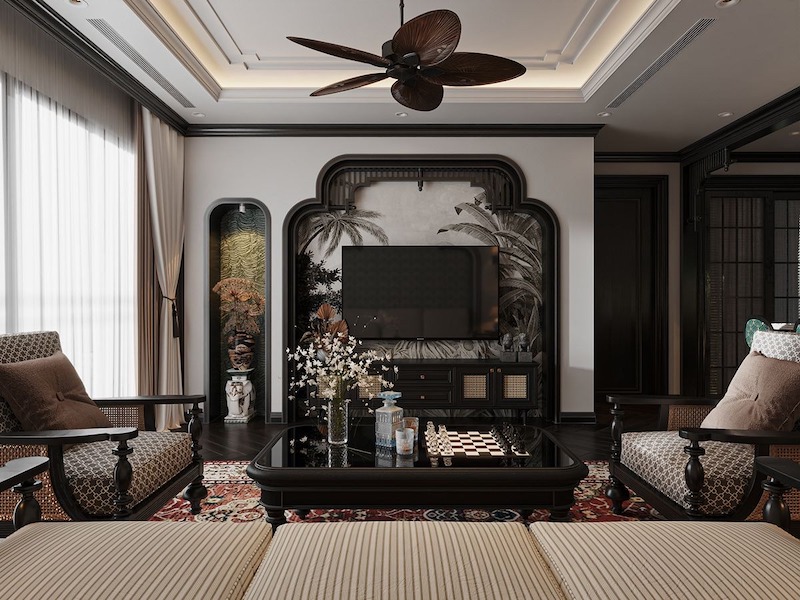 Phong cách Indochine trong thiết kế nội thất căn hộ 70m2 là sự giao thoa tinh tế giữa nét Á Đông truyền thống và hơi thở kiến trúc Pháp 