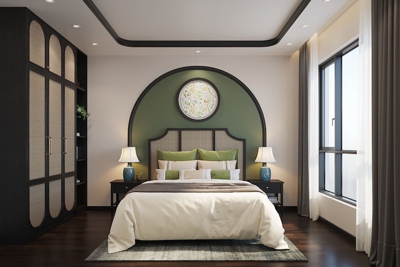 Giường gỗ, đầu giường mây hoặc nan gỗ giúp không gian trở nên mềm mại và gần gũi  