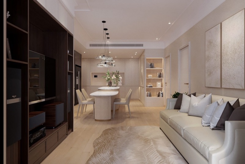 Ánh sáng tự nhiên kết hợp đèn âm trần giúp phòng khách hiện đại luôn sáng, sạch và có chiều sâu 