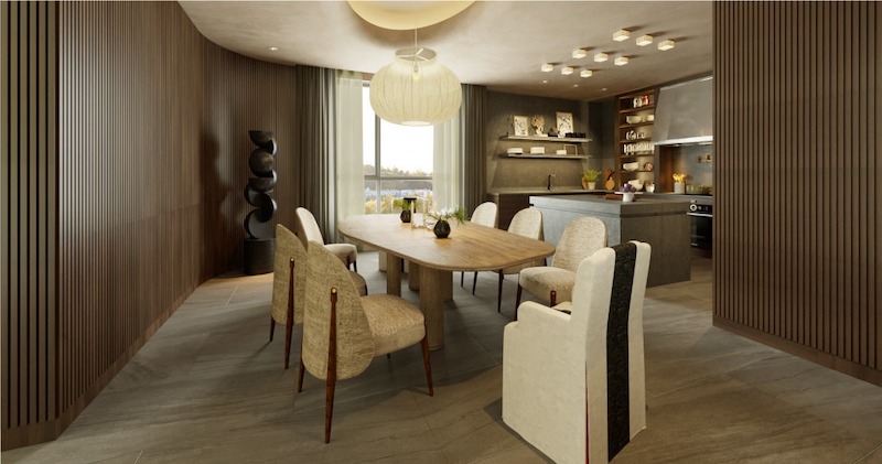 Không gian sinh hoạt chung trong căn hộ 70m2 2 phòng ngủ ưu tiên bề mặt phẳng, hạn chế trang trí cầu kỳ để giữ đúng tinh thần hiện đại, trẻ trung 