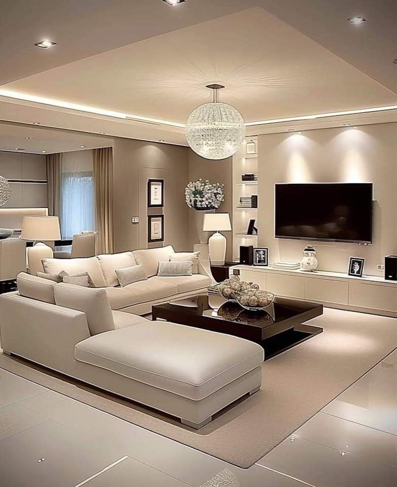 Thiết kế phòng khách Luxury nhấn mạnh sofa lớn, bàn trà đá, chi tiết kim loại và không gian thoáng để thể hiện đẳng cấp sống