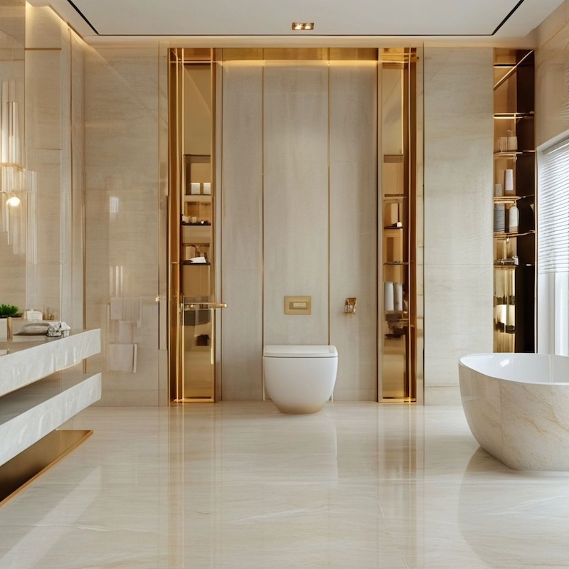 Phòng vệ sinh phong cách Luxury sử dụng đá tự nhiên, kính lớn và thiết bị vệ sinh cao cấp tạo cảm giác như khách sạn hạng sang