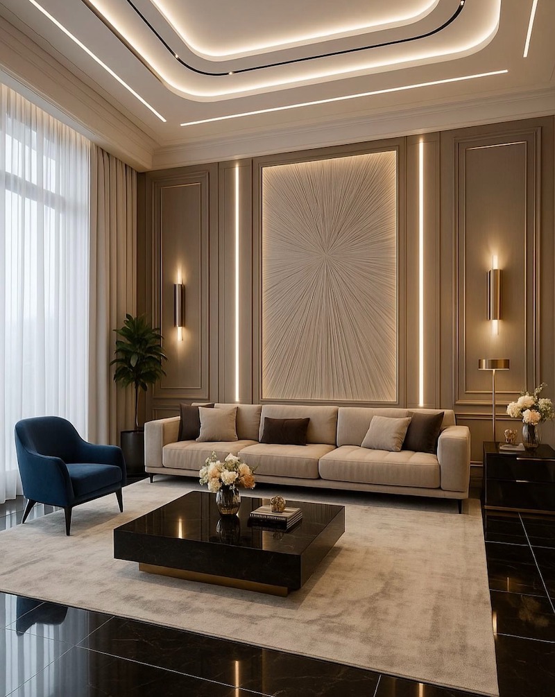 Phòng khách căn hộ chung cư 4 phòng ngủ phong cách Tân cổ điển được thiết kế cân đối, sử dụng phào chỉ tinh tế và nội thất sang trọng để tạo cảm giác trang nhã, bề thế