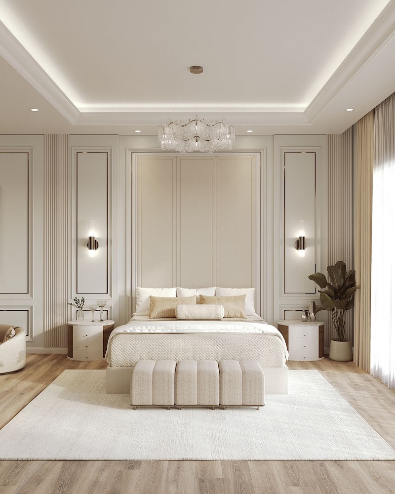 Phòng ngủ phong cách Tân cổ điển mang nét mềm mại với đường cong nhẹ, đầu giường bọc nệm và màu sắc trầm ấm