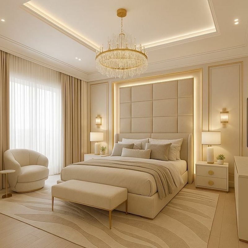 Thiết kế phòng ngủ Tân cổ điển cân bằng giữa trang trí tinh tế và sự thoải mái, tạo không gian nghỉ ngơi sang trọng nhưng dễ chịu