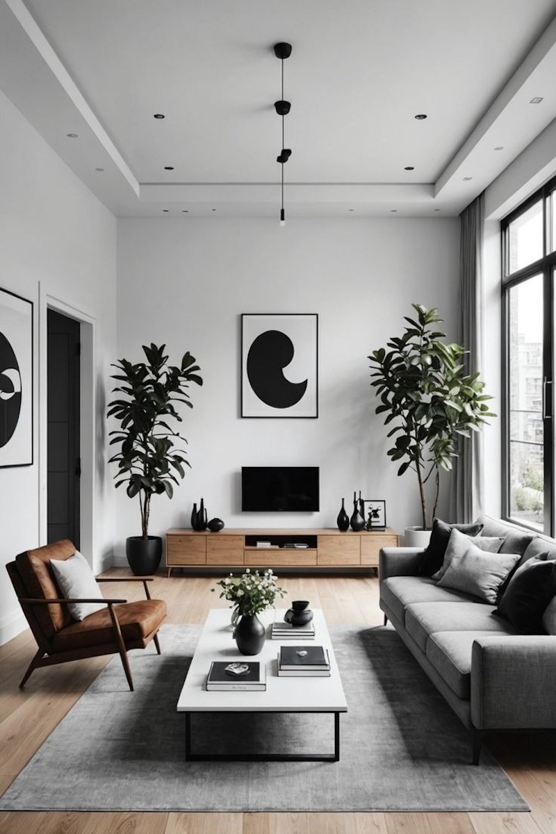 Phòng khách căn hộ chung cư 4 phòng ngủ phong cách Hiện đại ưu tiên bố cục gọn gàng, đường nét thẳng và nội thất tối giản để không gian luôn thoáng và sang