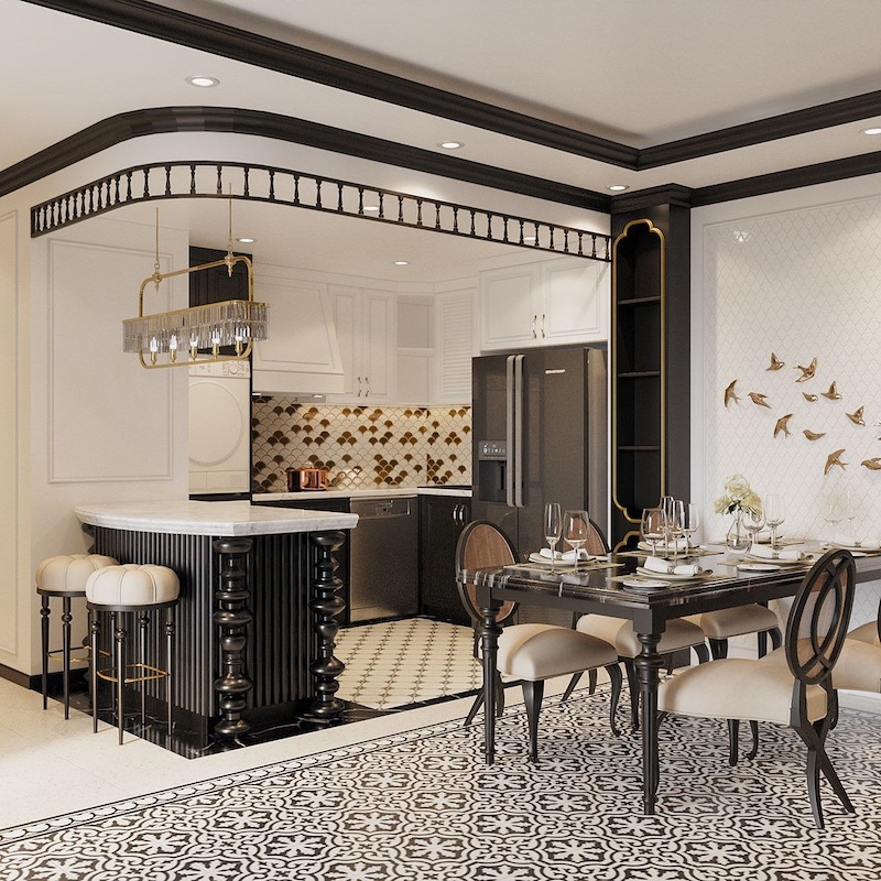 Phòng bếp Indochine trong căn hộ 4 phòng ngủ kết hợp tủ gỗ, gạch bông hoặc đá tự nhiên tạo nên không gian ấm và có chiều sâu