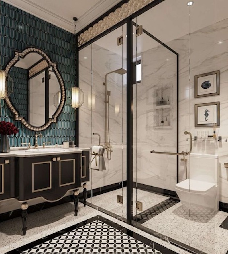 Thiết kế WC phong cách Indochine chú trọng ánh sáng dịu, bố cục thoáng và chi tiết trang trí tinh tế để giữ nét Á Đông đặc trưng