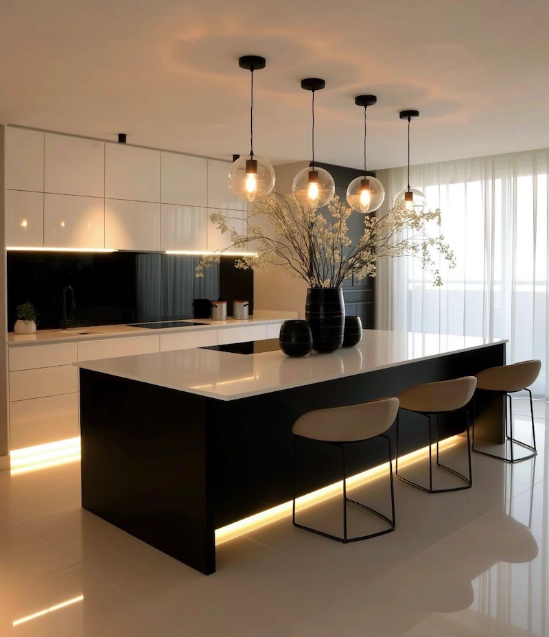 Phòng bếp phong cách Tối giản trong căn hộ 4 phòng ngủ sử dụng tủ phẳng, tay nắm ẩn và bố cục mạch lạc giúp không gian luôn sạch