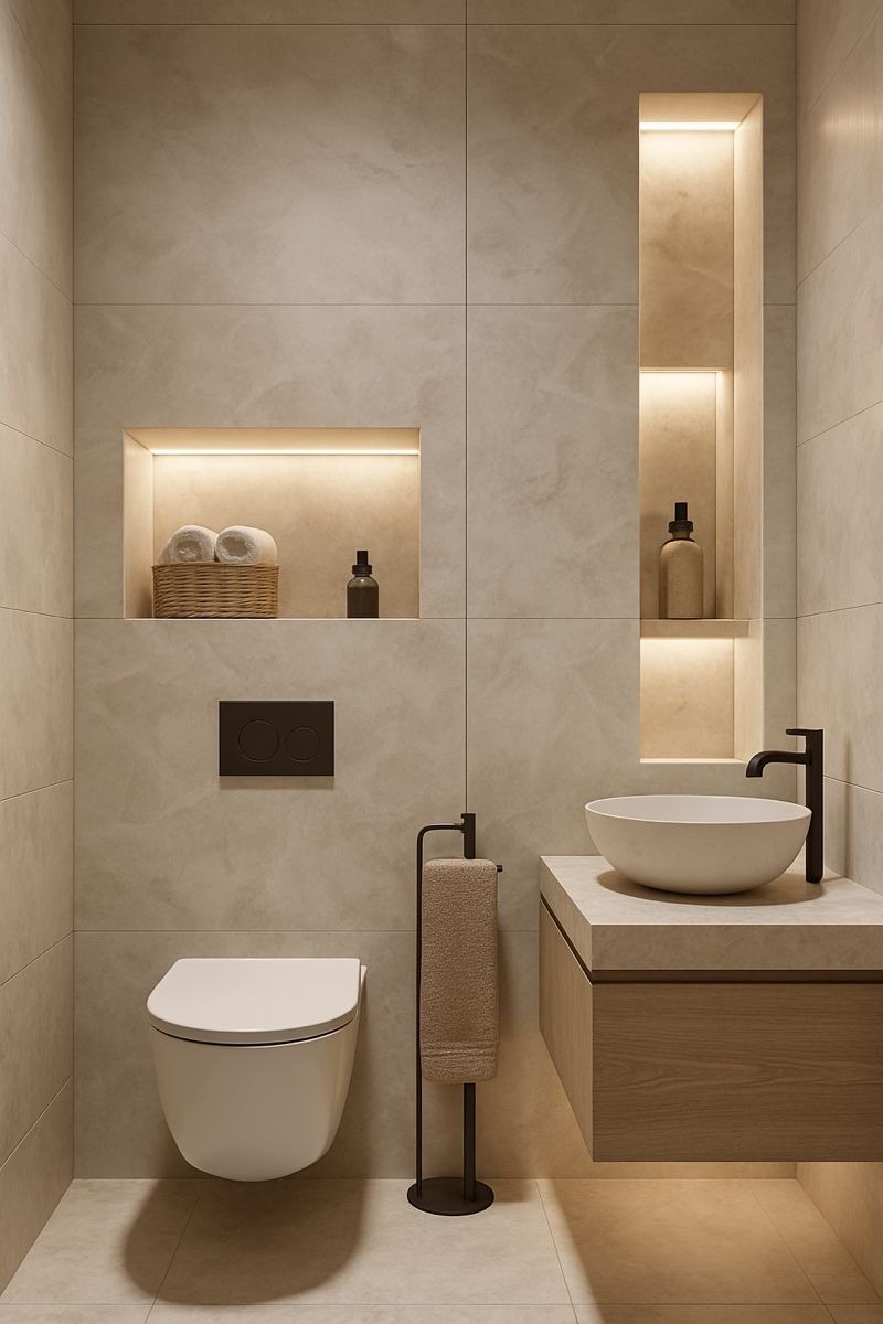 Thiết kế WC phong cách Tối giản chú trọng sự sạch sẽ, bố cục rõ ràng và dễ vệ sinh, đồng bộ với tổng thể căn hộ