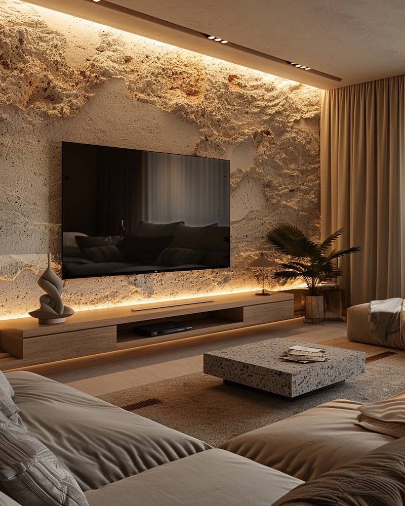 Thiết kế phòng khách Wabi Sabi ưu tiên đường nét mềm, ánh sáng dịu và bề mặt tự nhiên để không gian mộc nhưng sâu