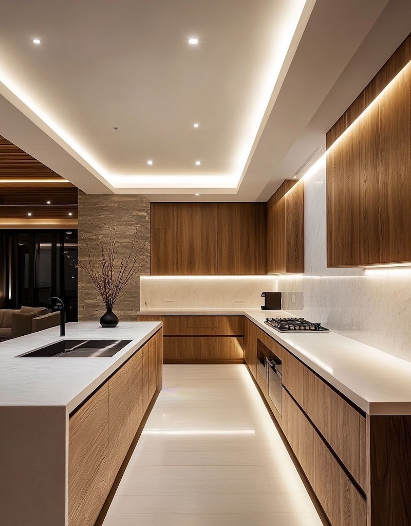 Thiết kế bếp hiện đại ưu tiên màu sắc trung tính, mặt đá sáng và ánh sáng tốt để phù hợp sinh hoạt của gia đình đông người