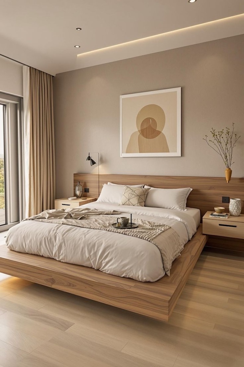Thiết kế phòng ngủ hiện đại sử dụng tông màu dịu, ánh sáng ấm và bố cục hợp lý giúp không gian nghỉ ngơi thoải mái, riêng tư
